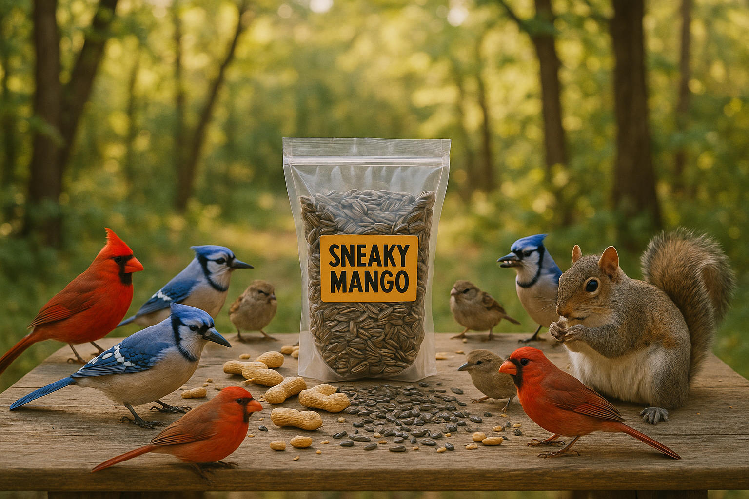 BIRDS AND SQUIRELLS ON A WOOD TABLE IN OUTDOORS EATING PEANUTS AND SNFLOWER SEEDS AND A CLEAR SNEAKY MANGO BAG WITH SUNFLOWER SEEDS IN THE MIDDLE AND OUTDOOR SCENERY